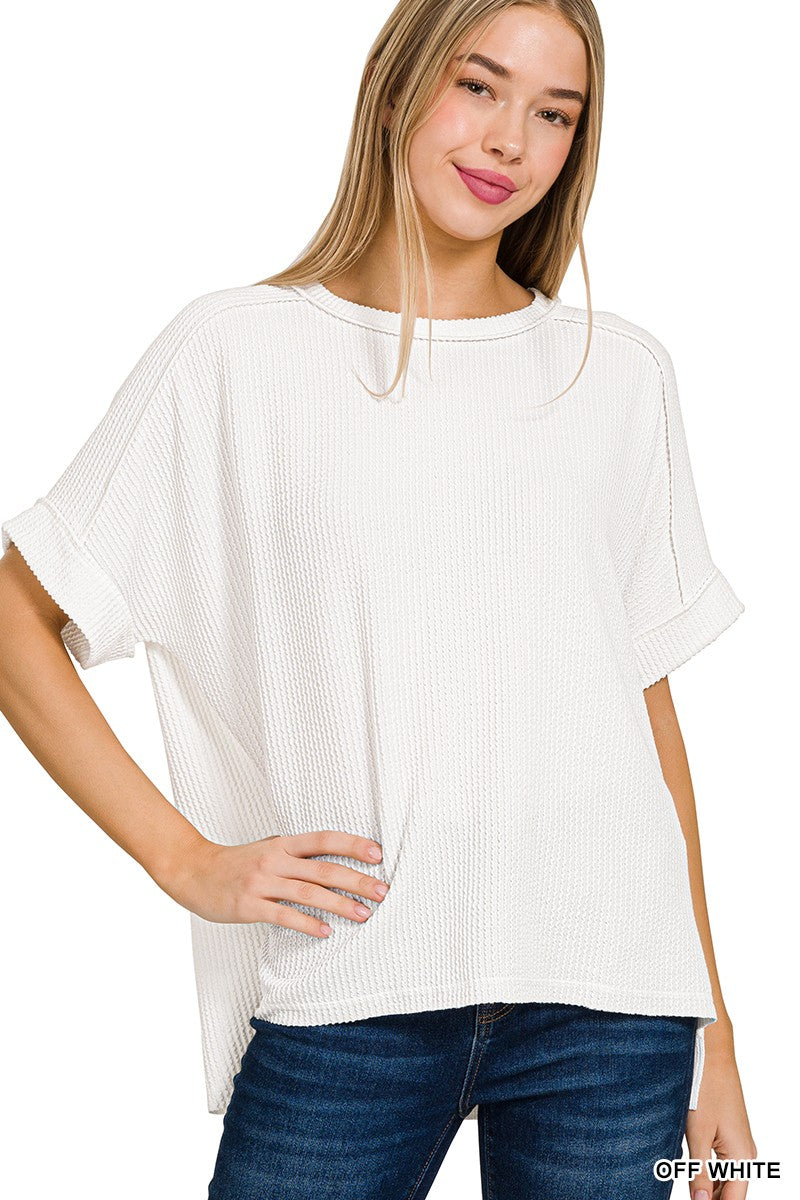 Corded Rib Short Cuff Sleeve Raw Edge Top Off White