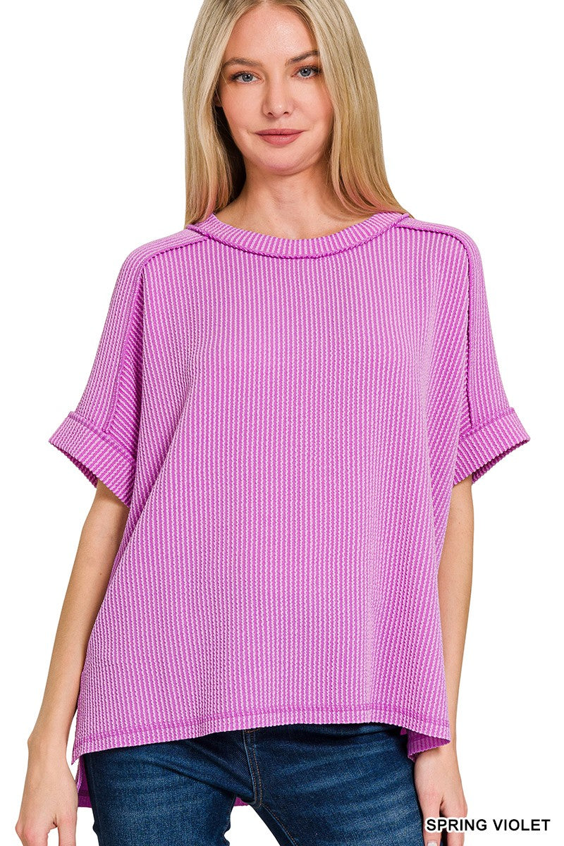Corded Rib Short Cuff Sleeve Raw Edge Top Sprint Violet