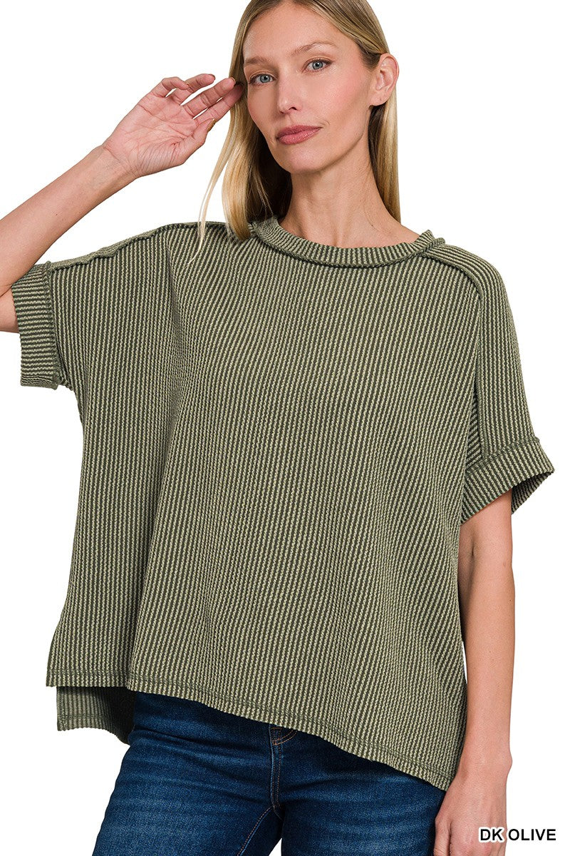 Corded Rib Short Cuff Sleeve Raw Edge Top Dk Olive