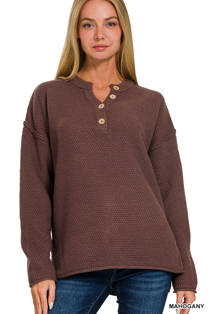 Mahogany 4 Buttons Henley Basic Sweater