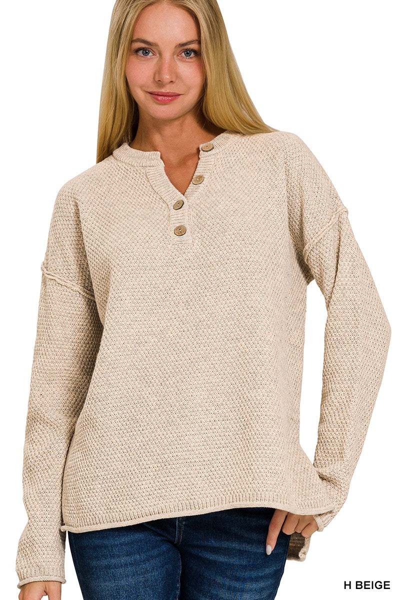 H Beige 4 Buttons Henley Basic Sweater
