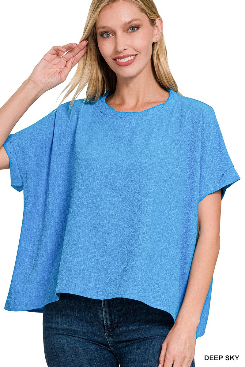 Woven Bubble Airflow Round Neck Short Sleeve Top  Deep Sky