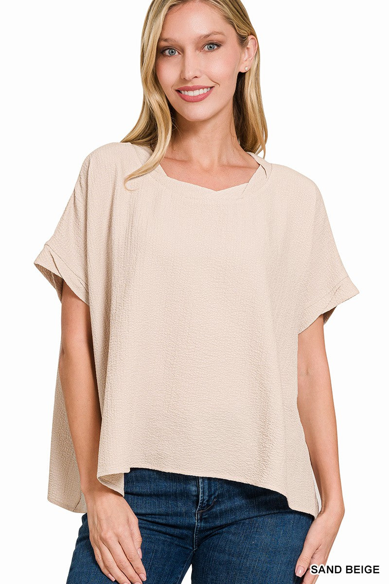 Woven Bubble Airflow Round Neck Short Sleeve Top  Sand Beige