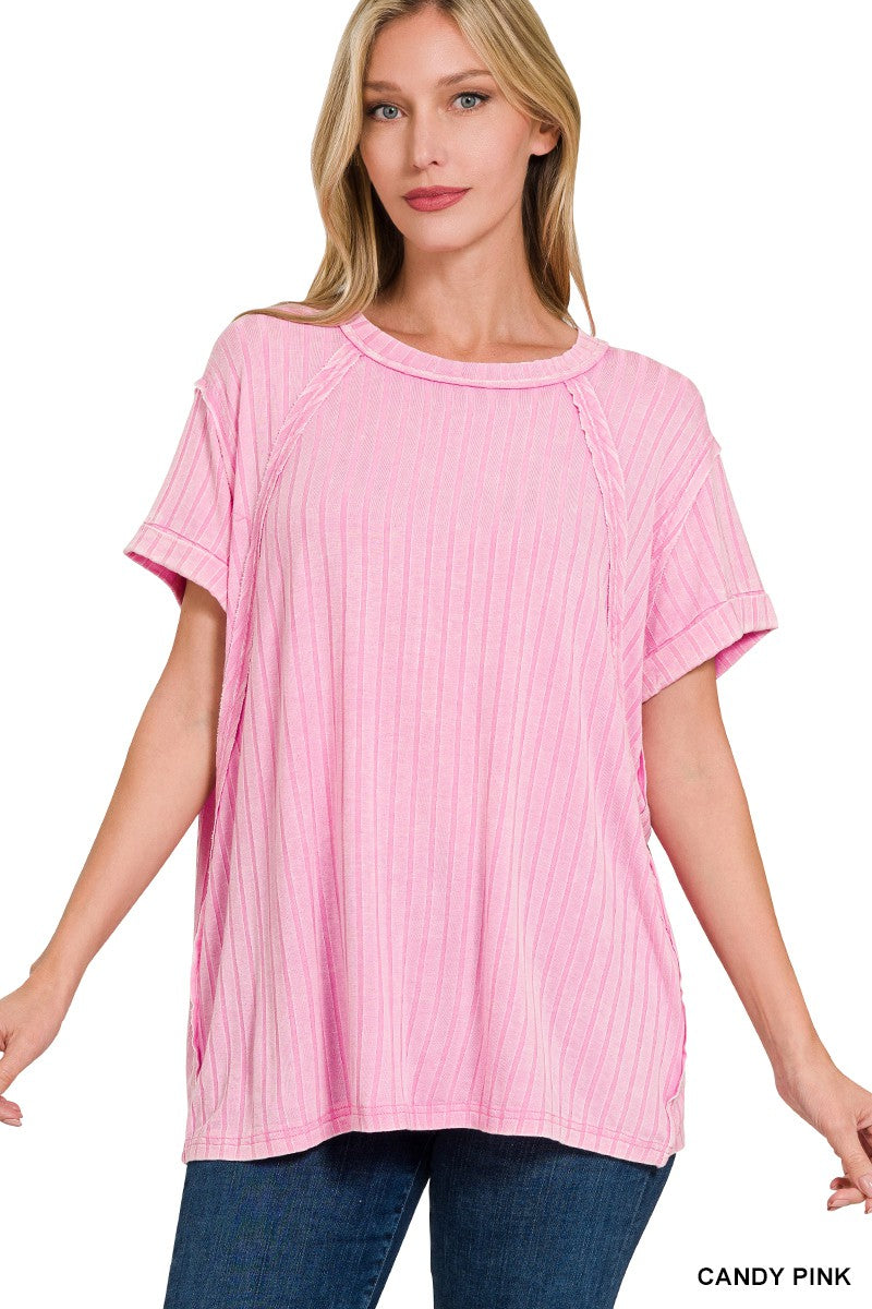 Acid Washed Ribbed Short Sleeve Boat-neck Top  Candy Pink