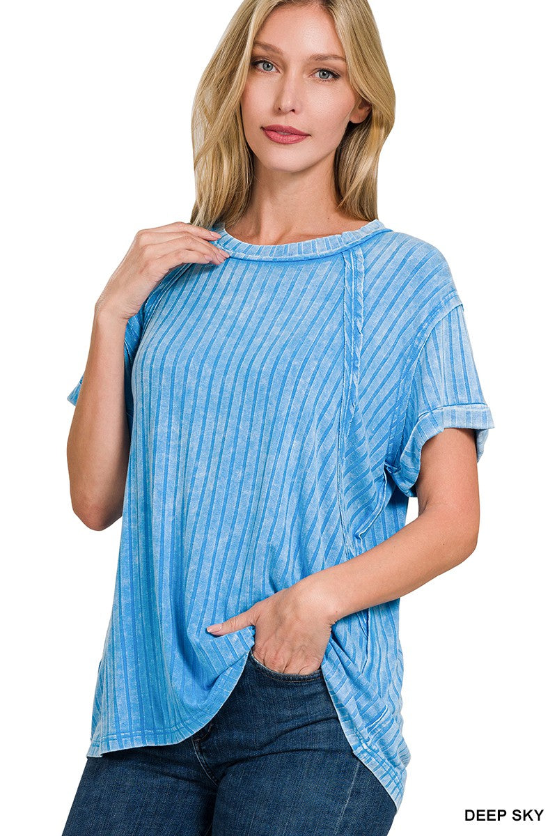 Acid Washed Ribbed Short Sleeve Boat-neck Top  Deep Sky