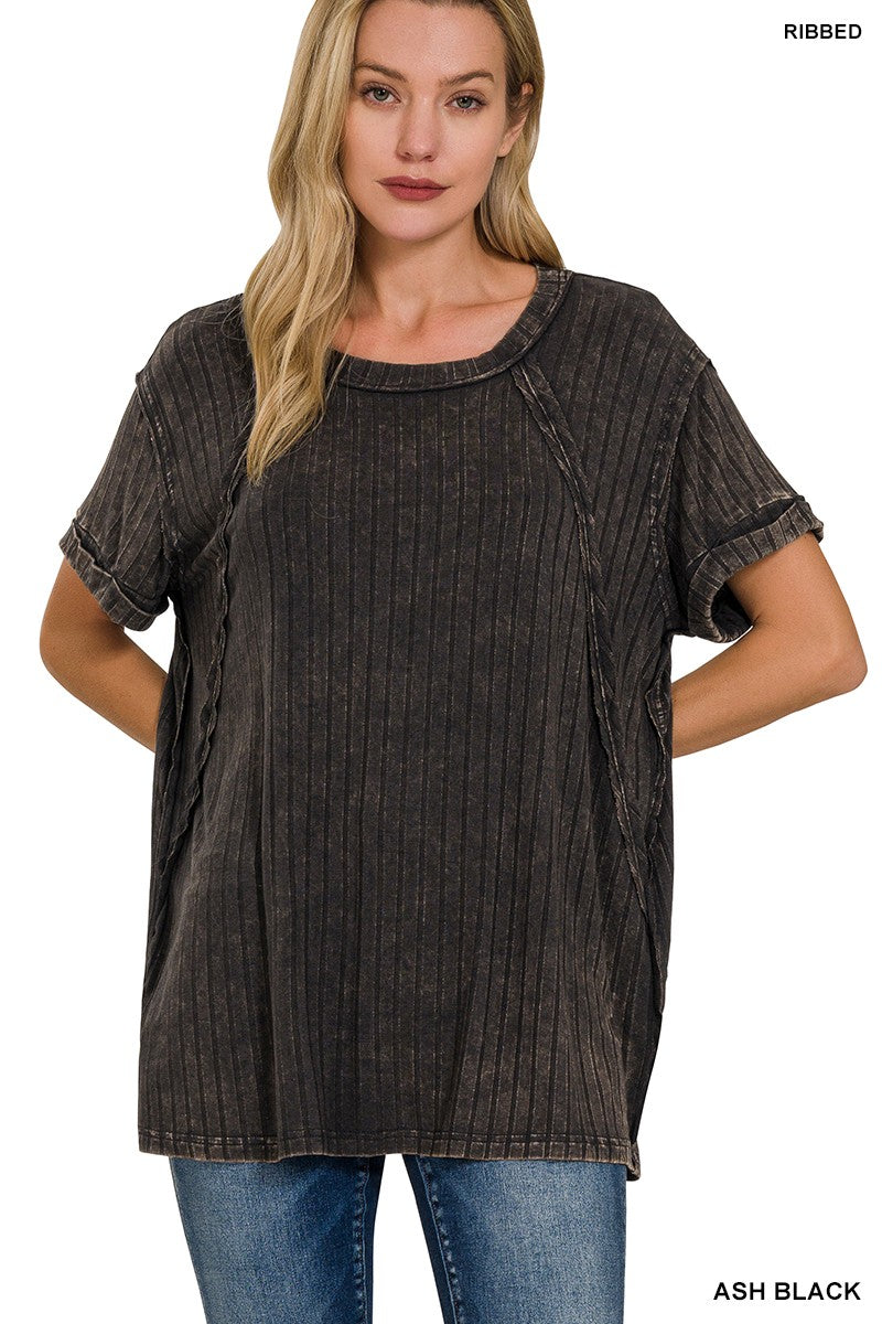 Acid Washed Ribbed Short Sleeve Boat-neck Top  Ash Black