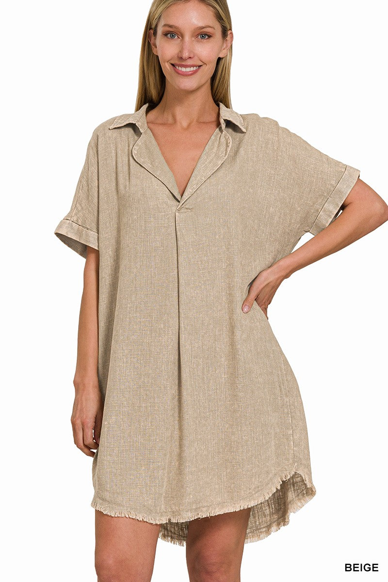 Washed Linen Raw Edge V-Neck Dress Beige