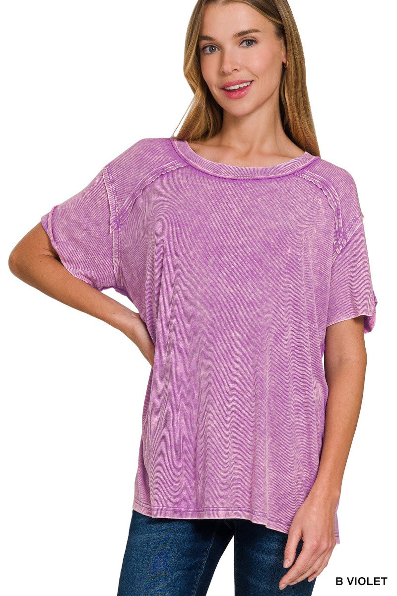 Washed Ribbed Short Sleeve Boat Neck Top  B Violet