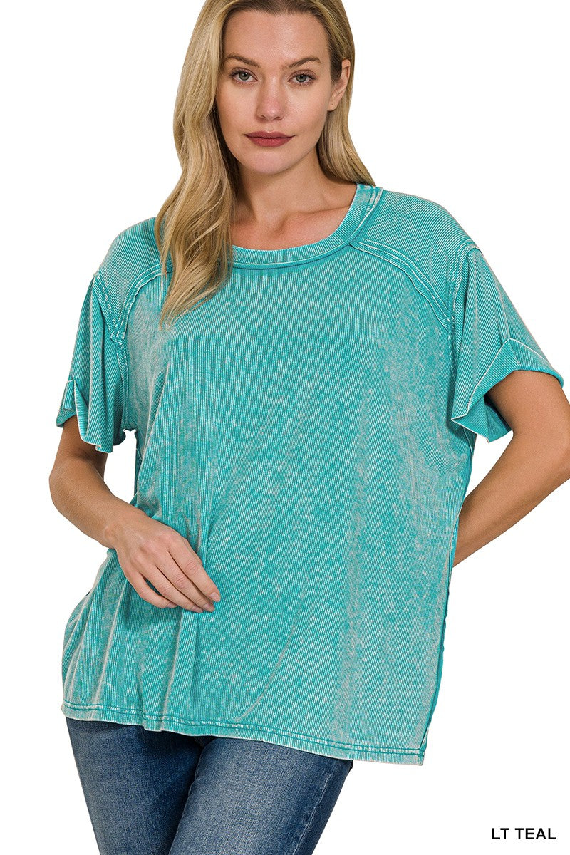 Washed Ribbed Short Sleeve Round Neck Top  Lt. Teal
