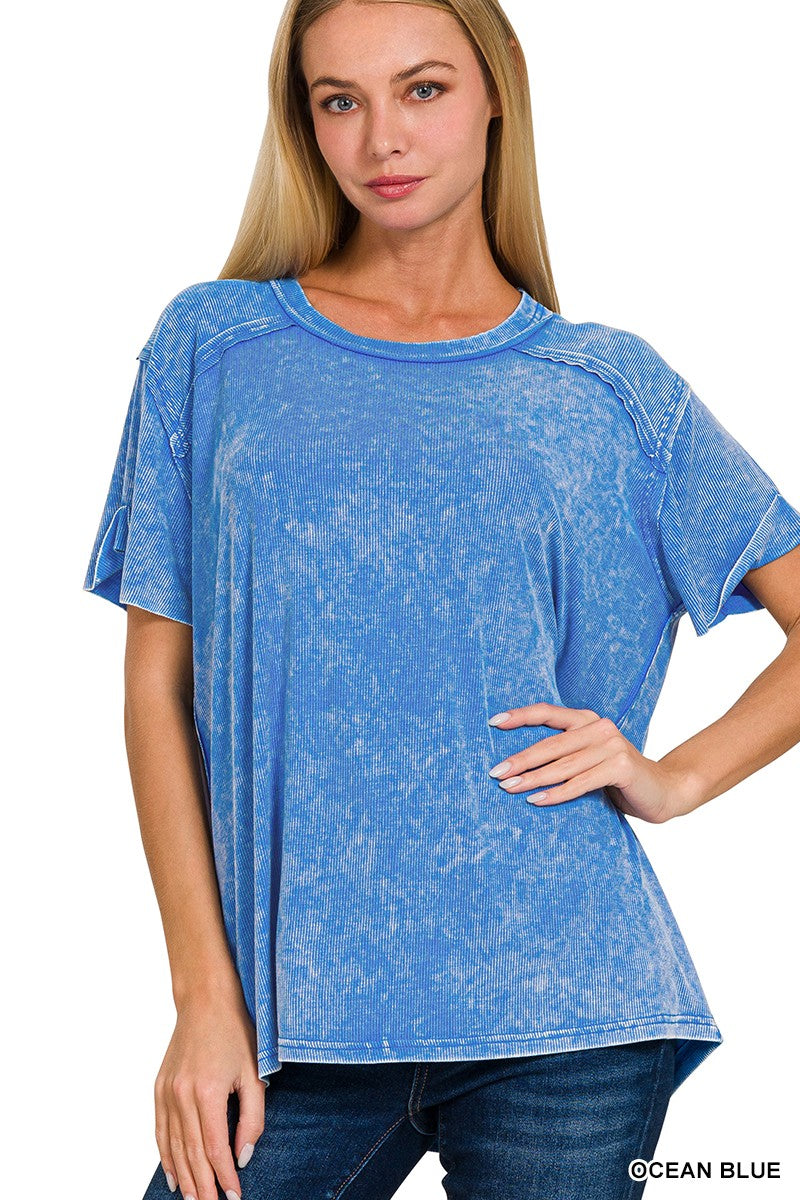 Washed Ribbed Short Sleeve Round Neck Top  Ocean Blue