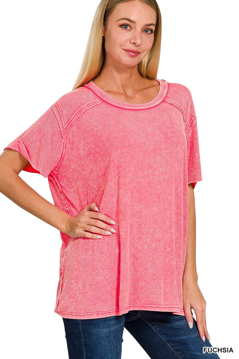 Washed Ribbed Short Sleeve Round Neck Top  Fuchsia