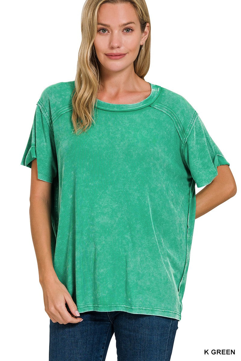 Washed Ribbed Short Sleeve Round Neck Top  Kelly Green
