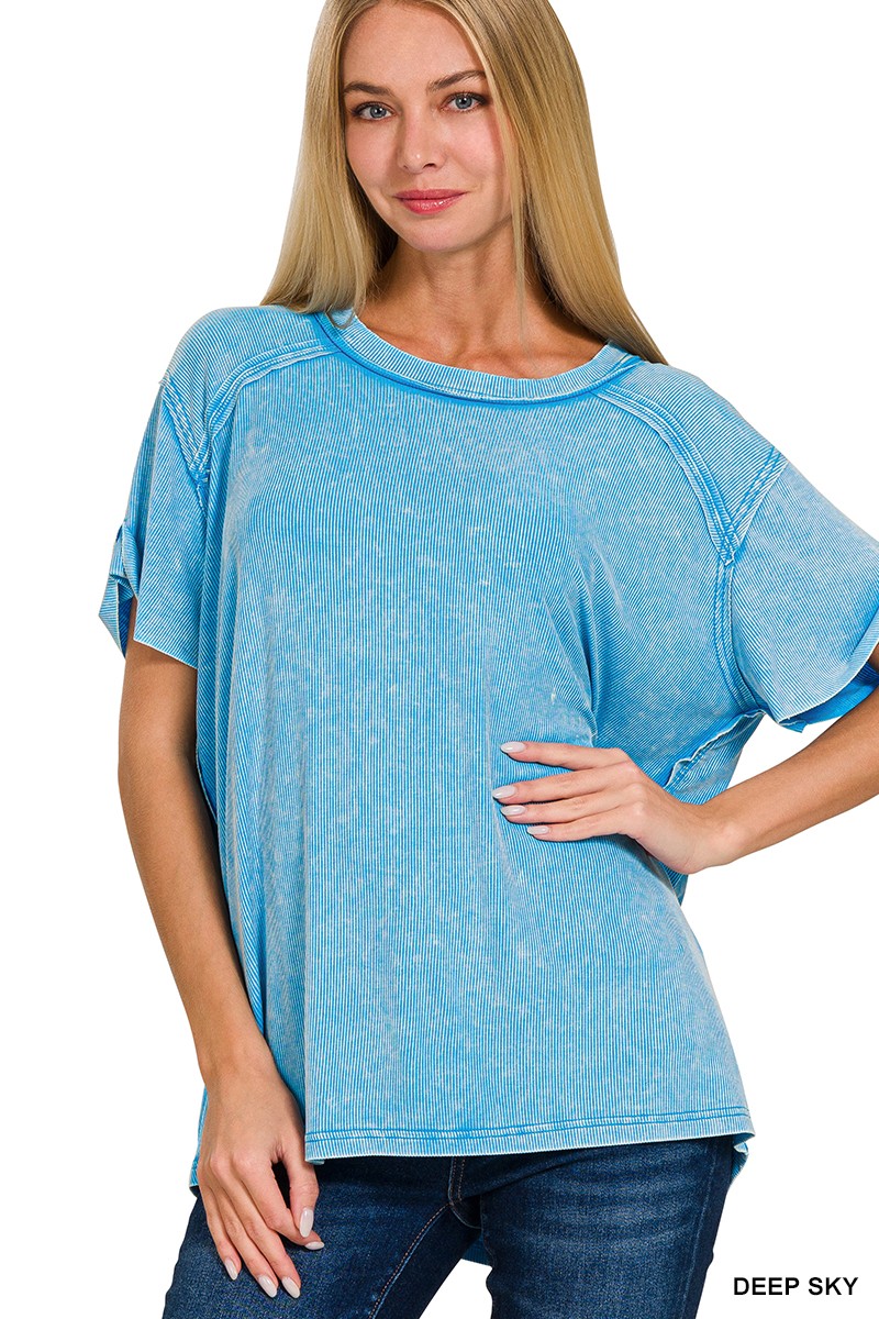 Washed Ribbed Short Sleeve Boat Neck Top  Deep Sky