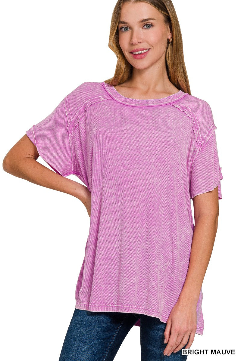 Washed Ribbed Short Sleeve Boat Neck Top  Bright Mauve