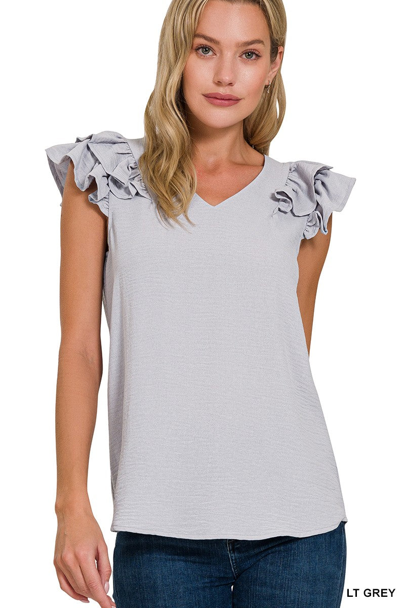 Woven Airflow Tiered Ruffle Sleeve Top Lt Grey