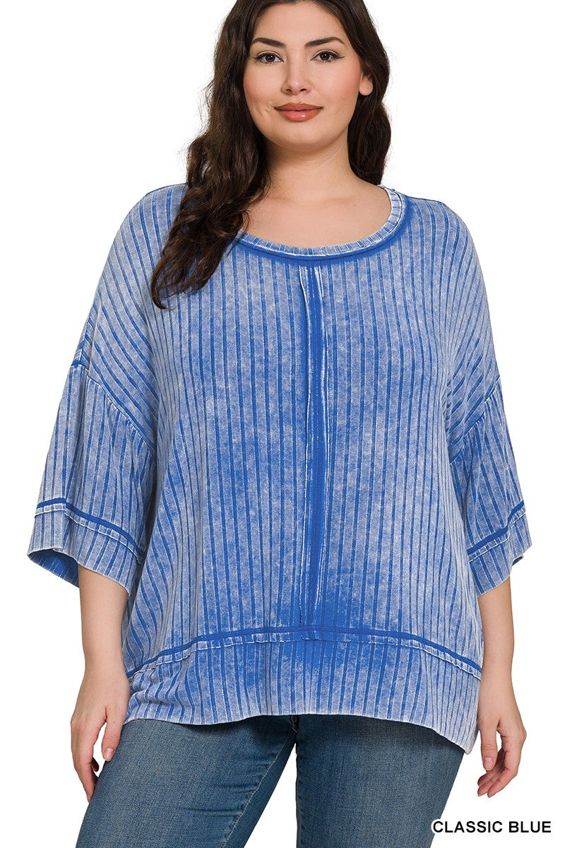 Plus Ribbed Drop Shoulder Half Sleeve Top Classic Blue