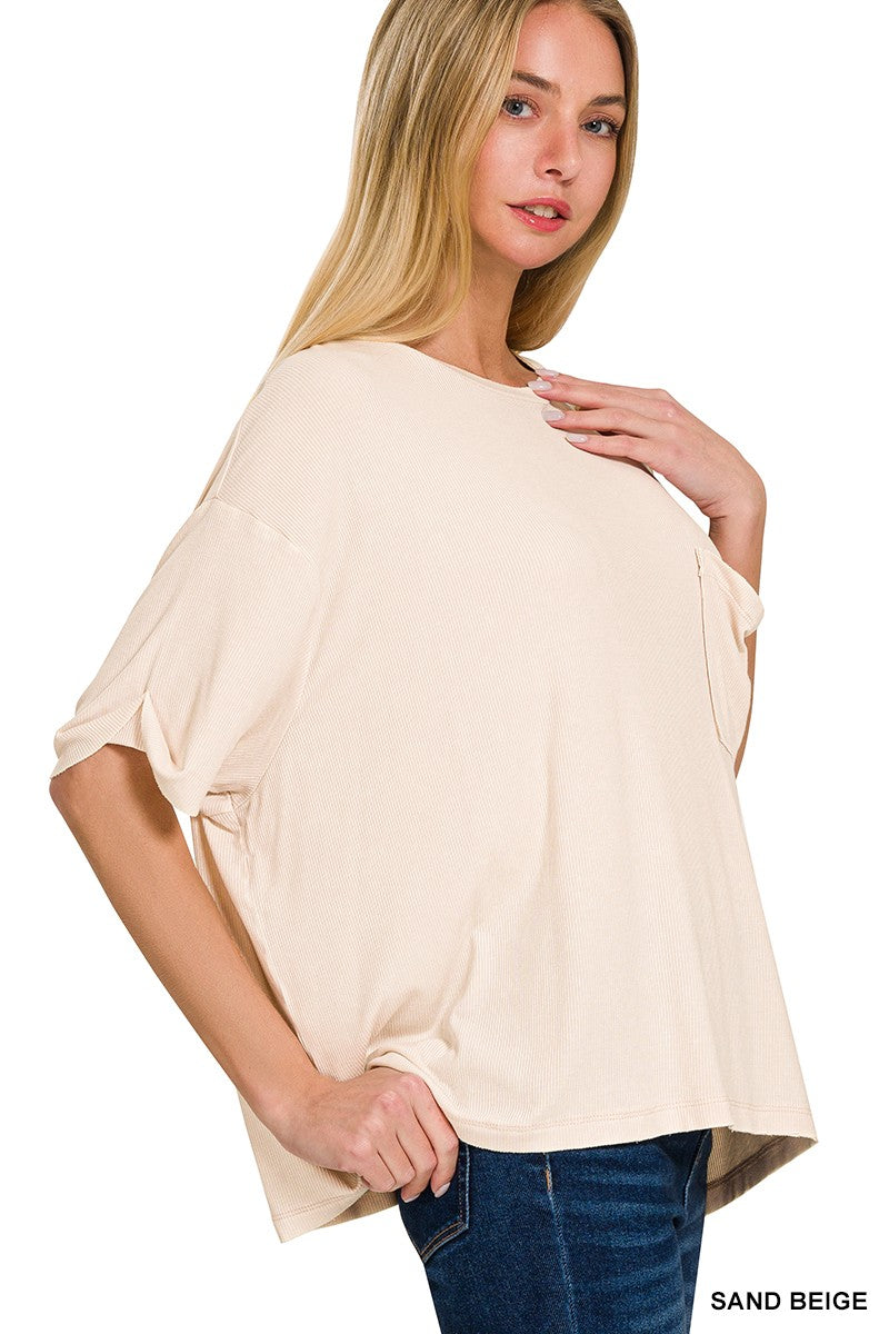 Plus washed ribbed short sleeve round neck top