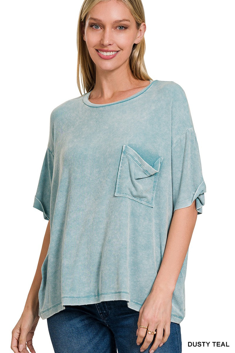 Washed ribbed short sleeve round neck top