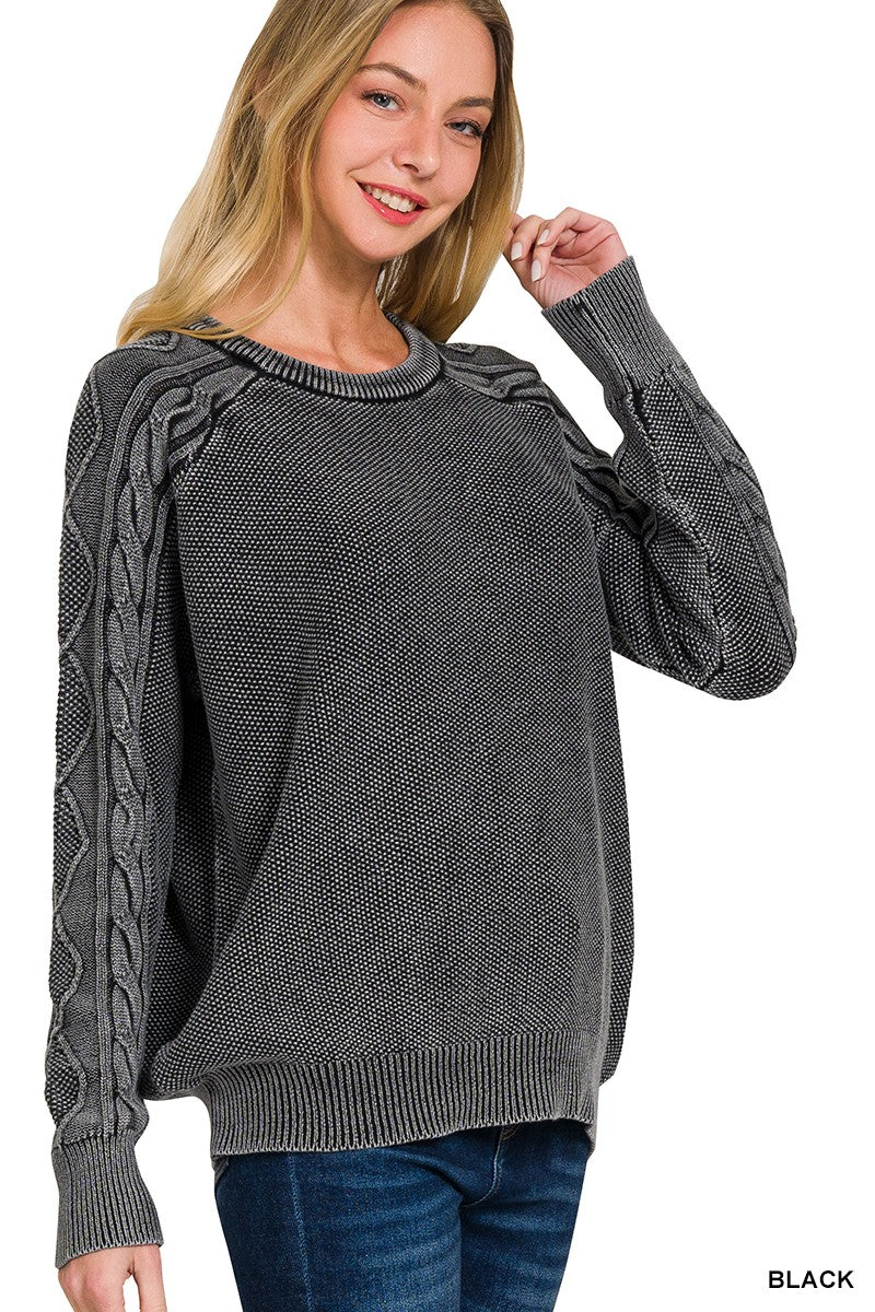Black Stone Washed Cable Sleeve Crewneck Sweater