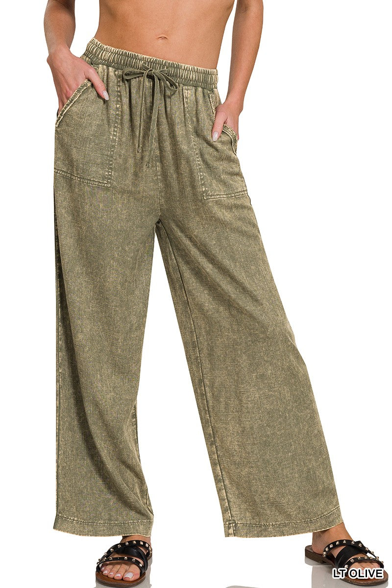 Acid Wash Linen Blend Elastic Band Waist Pants Lt Olive