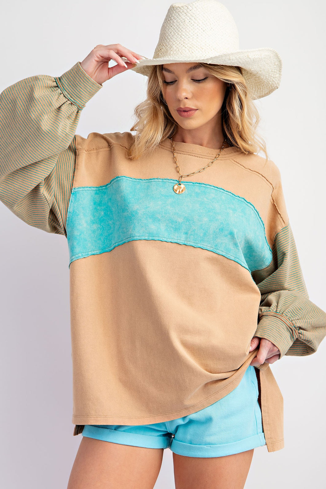 Lt Camel Color Mix Terry Knit Mineral Washed Pullover