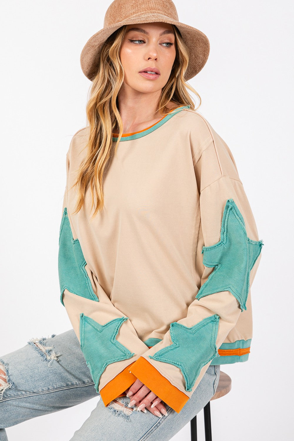 Sand/Green French Terry Star applique patch pullover