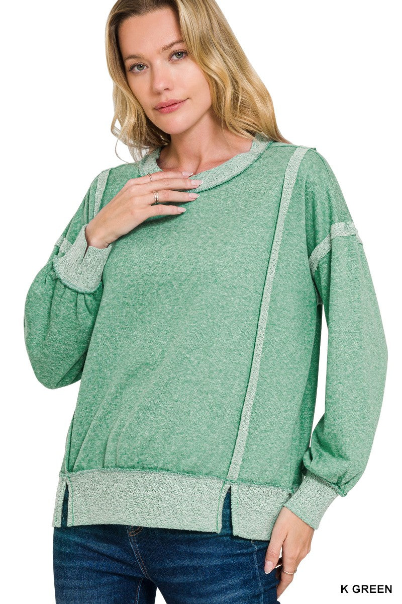 K Green washed bottom band exposed-seam sweatshirt