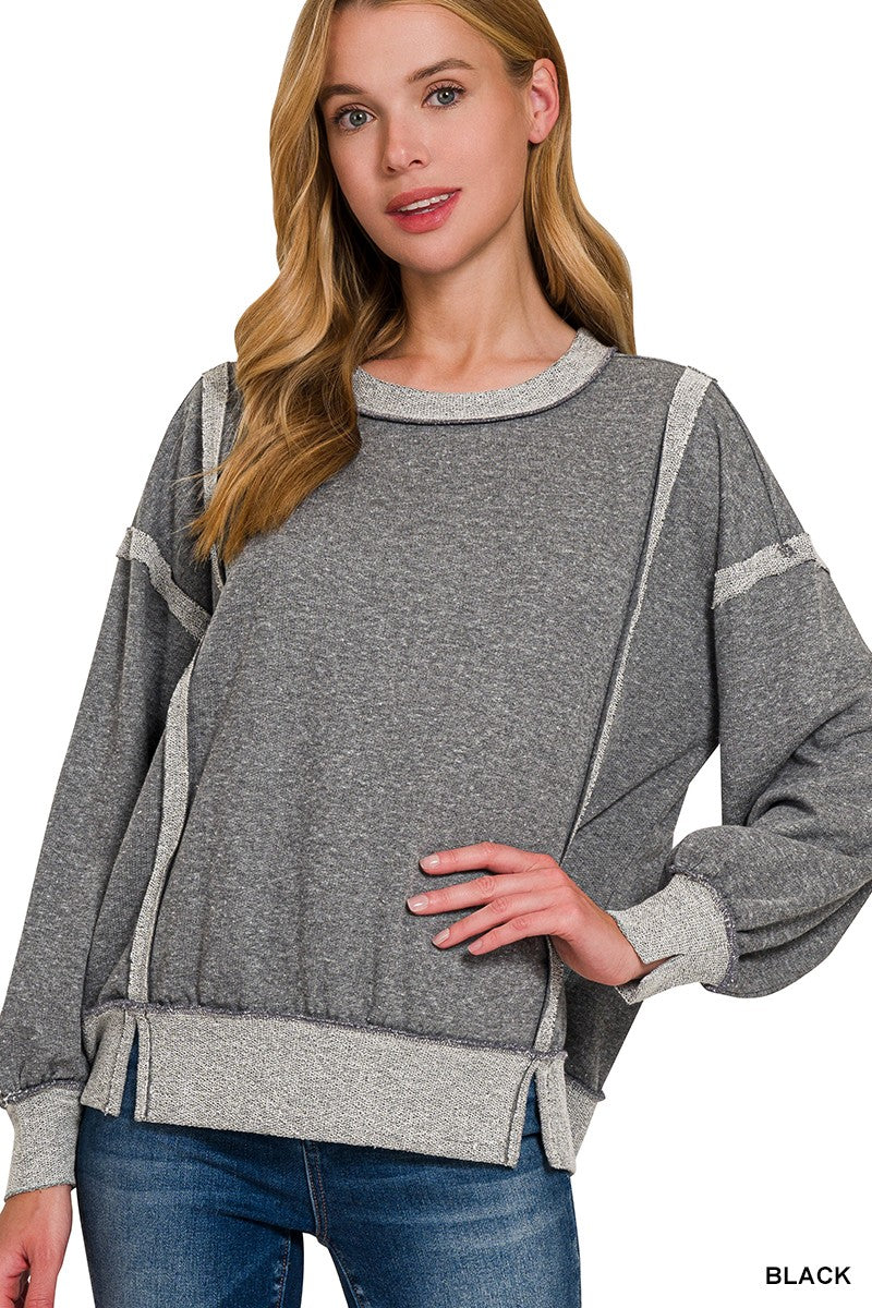 Black washed bottom band exposed-seam sweatshirt