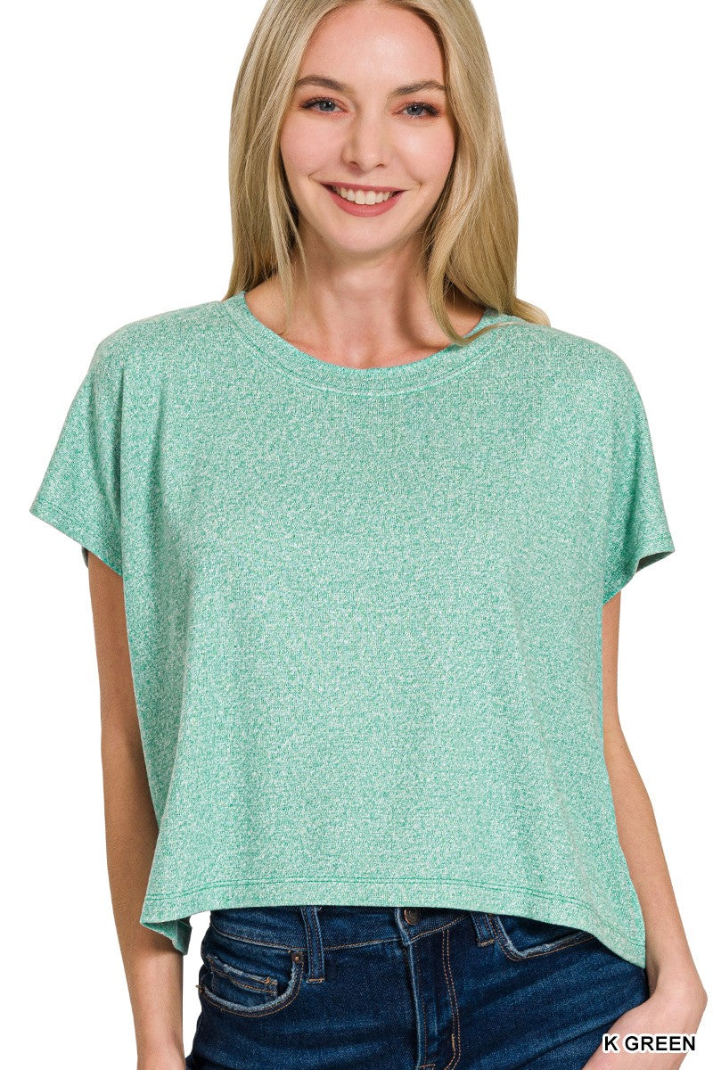 Soft Melange Short Sleeve Round Neck Cropped Top   K Green