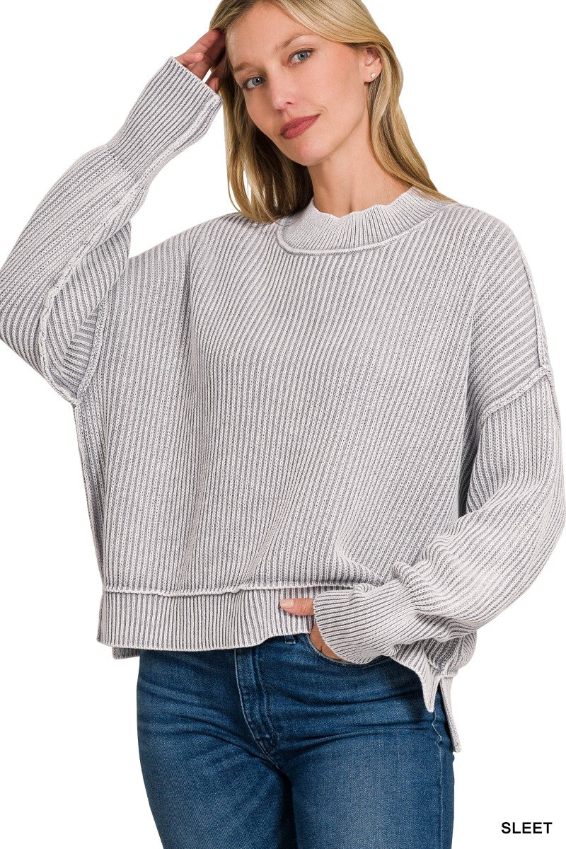 Sleet Washed Side Slit Oversized Cropped Sweater