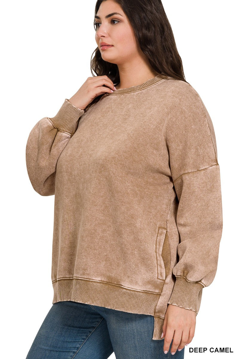 Deep Camel Acid Wash Fleece hi/lo hem pullover