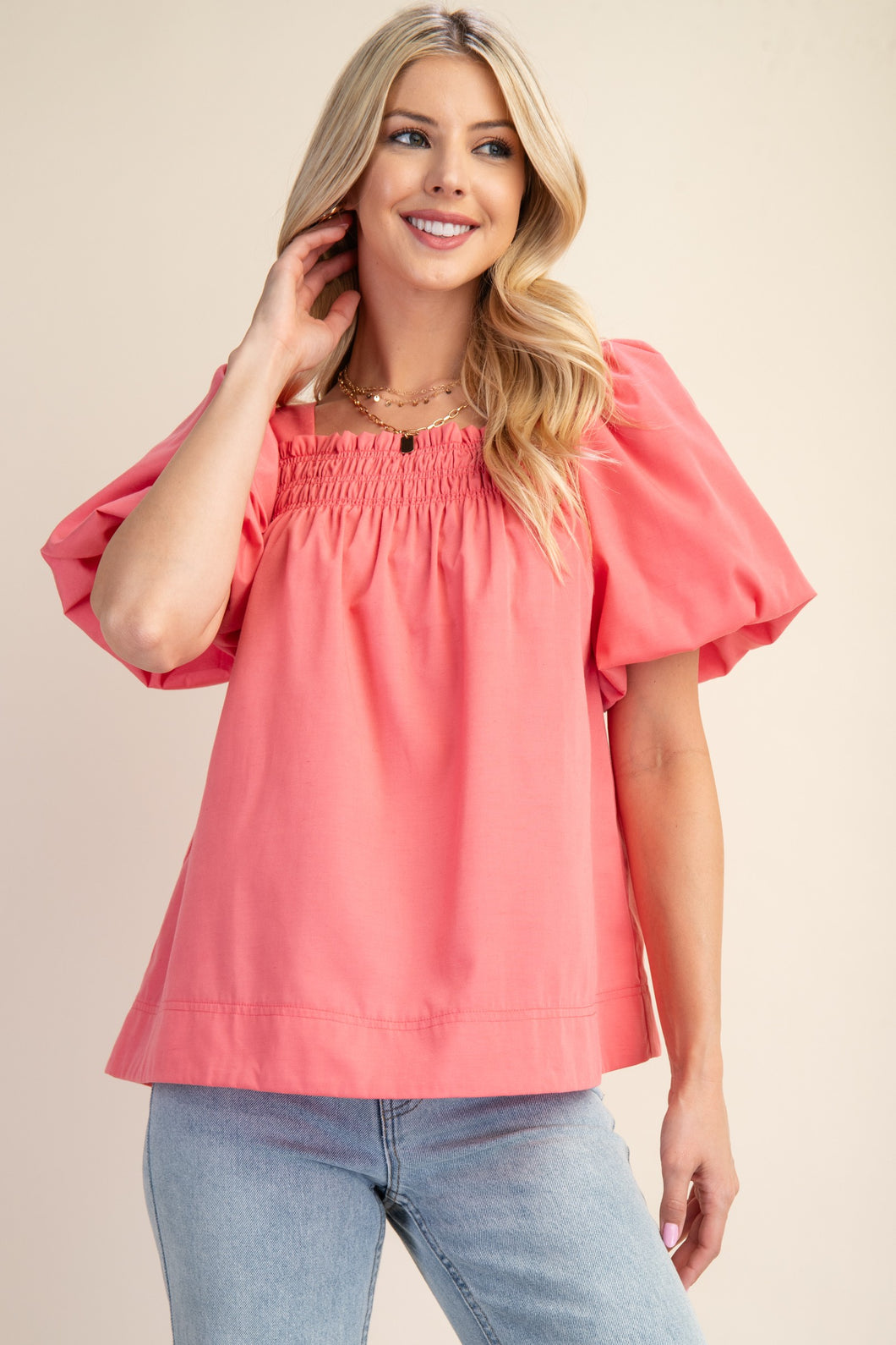 Smocked Short Puff Sleeve Top  Coral