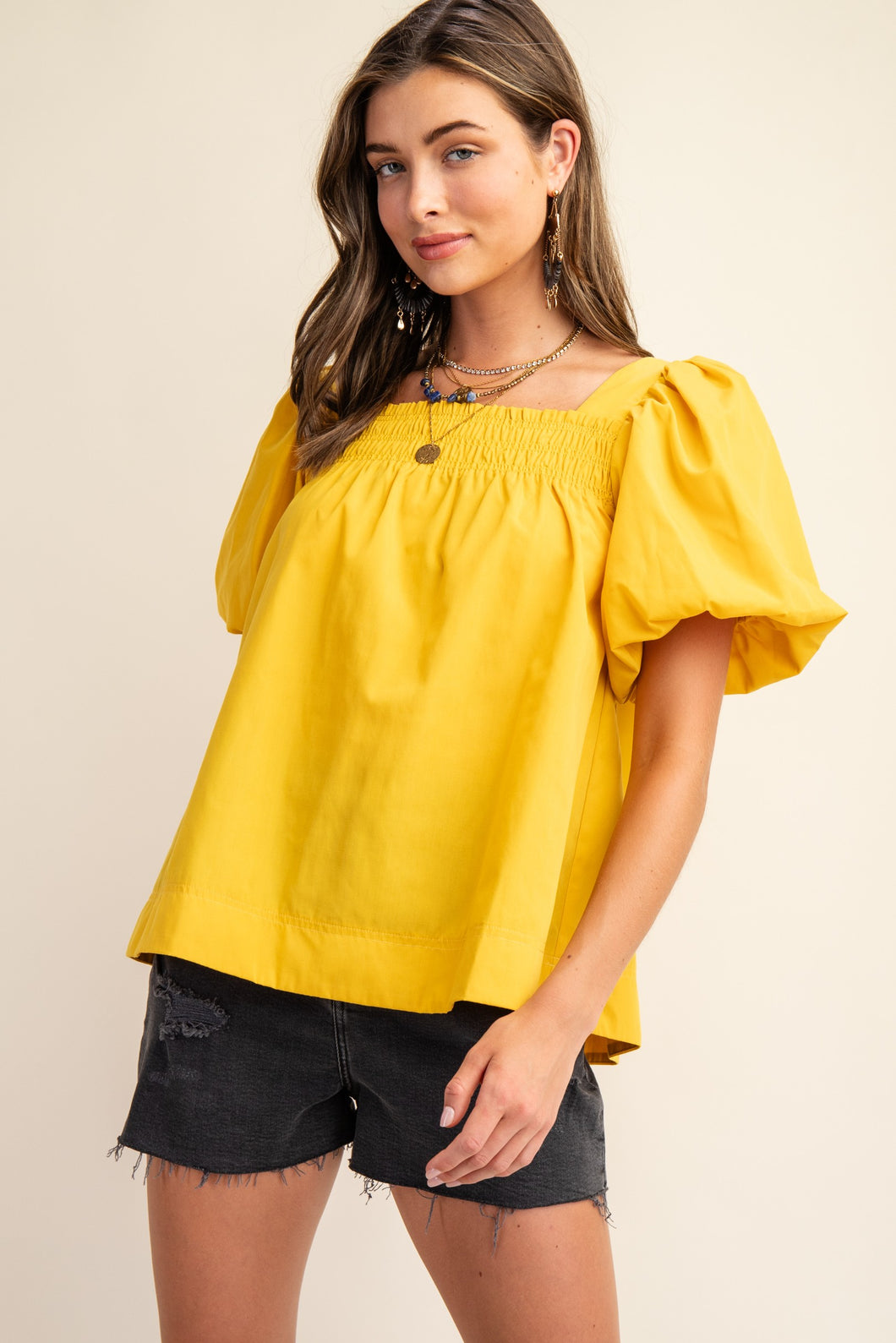 Smocked Short Puff Sleeve Top  Mustard