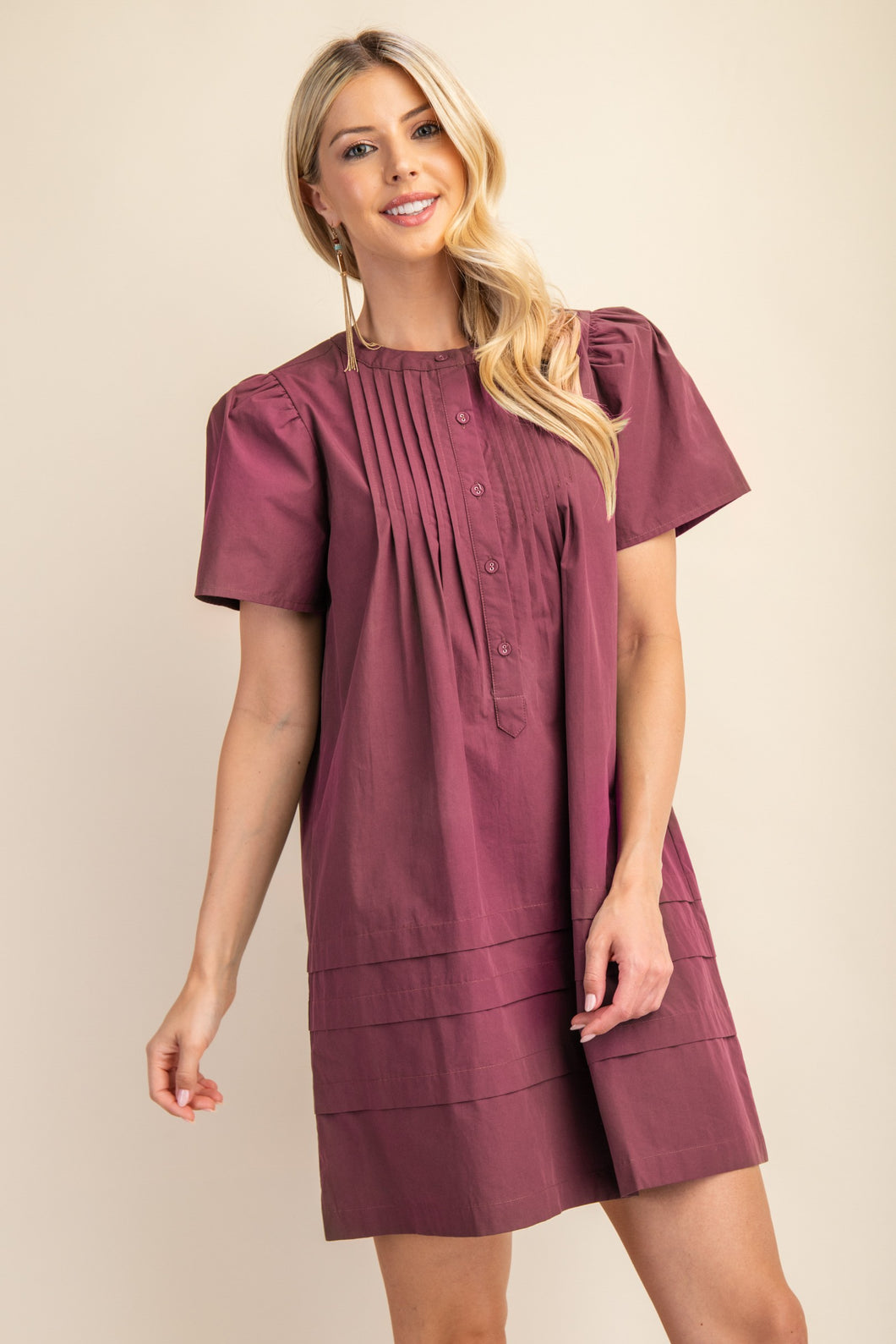 Pleated Poplin Puff Sleeve Mini Dress  Plum