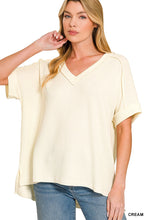 Load image into Gallery viewer, Raised Rib Short Sleeve Hi/low V neck top  Cream
