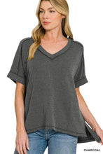 Load image into Gallery viewer, Raised Rib Short Sleeve Hi/low V neck top  Charcoal
