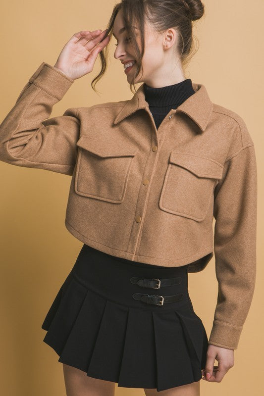 Camel JQ Fleece Cropped Snap-Button Shacket