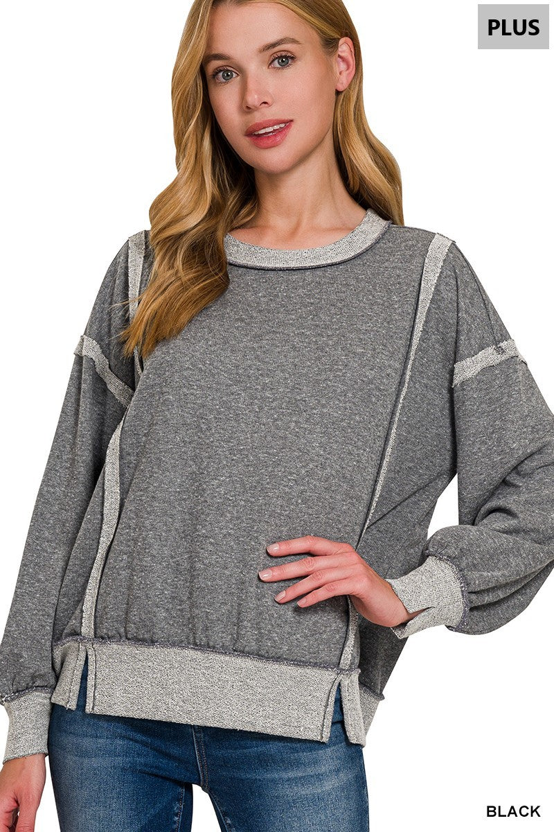 Black Plus Washed Bottom Band Exposed Seam Sweatshirt