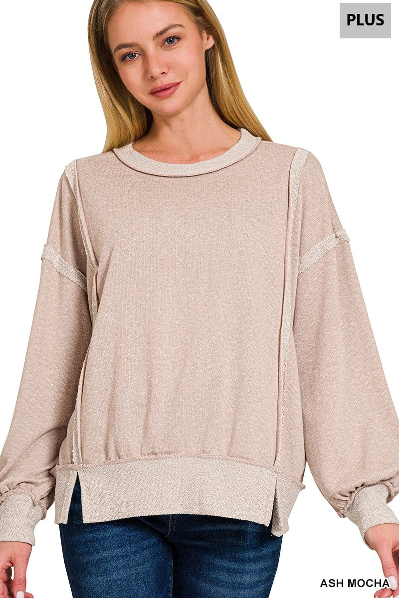 Ash Mocha Plus Washed Bottom Band Exposed Seam Sweatshirt