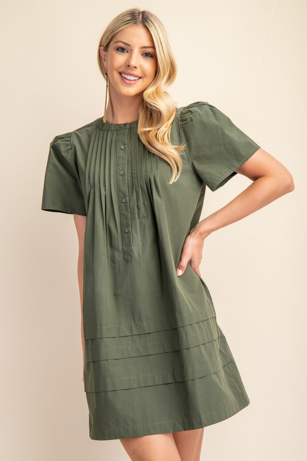 Pleated Poplin Puff Sleeve Mini Dress  Army Green