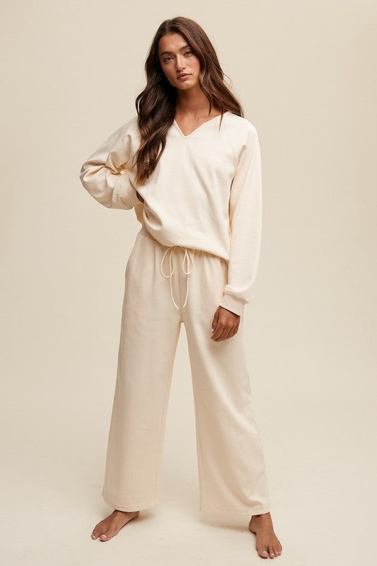 Cream V-neck Sweatshirt and Pants Set