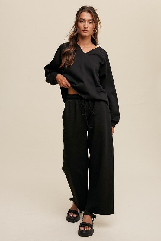 Black V-neck Sweatshirt and Pants Set