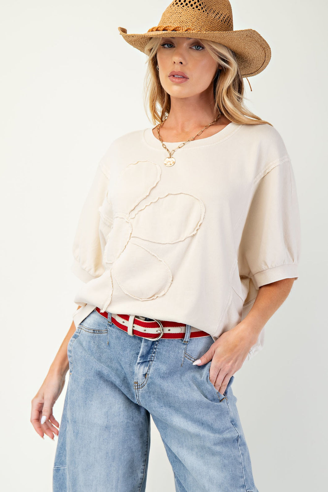 Daisy Patch Mineral Washed Terry Knit Pullover Natural