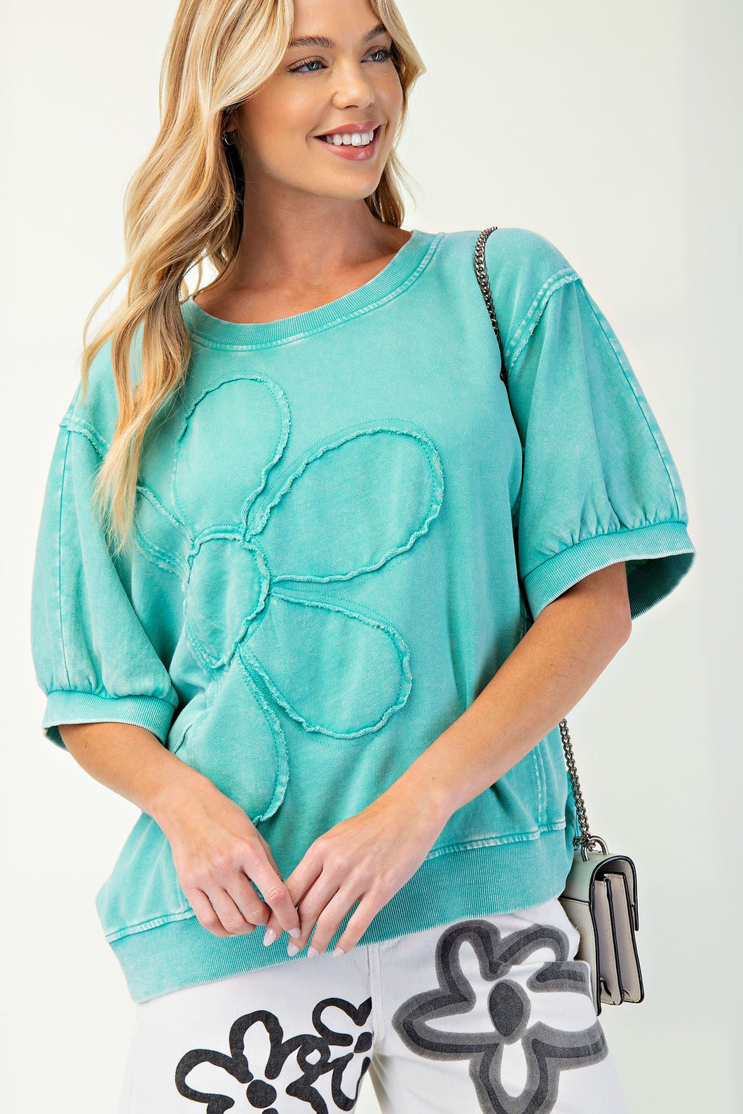 Daisy Patch Mineral Washed Terry Knit Pullover Atlantis Green