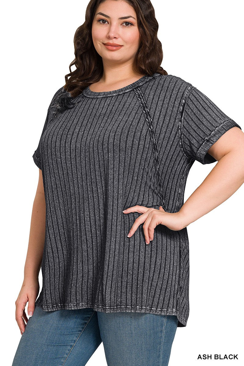 Plus Acid Washed Ribbed Short Sleeve Boat-neck Top  Ash Black