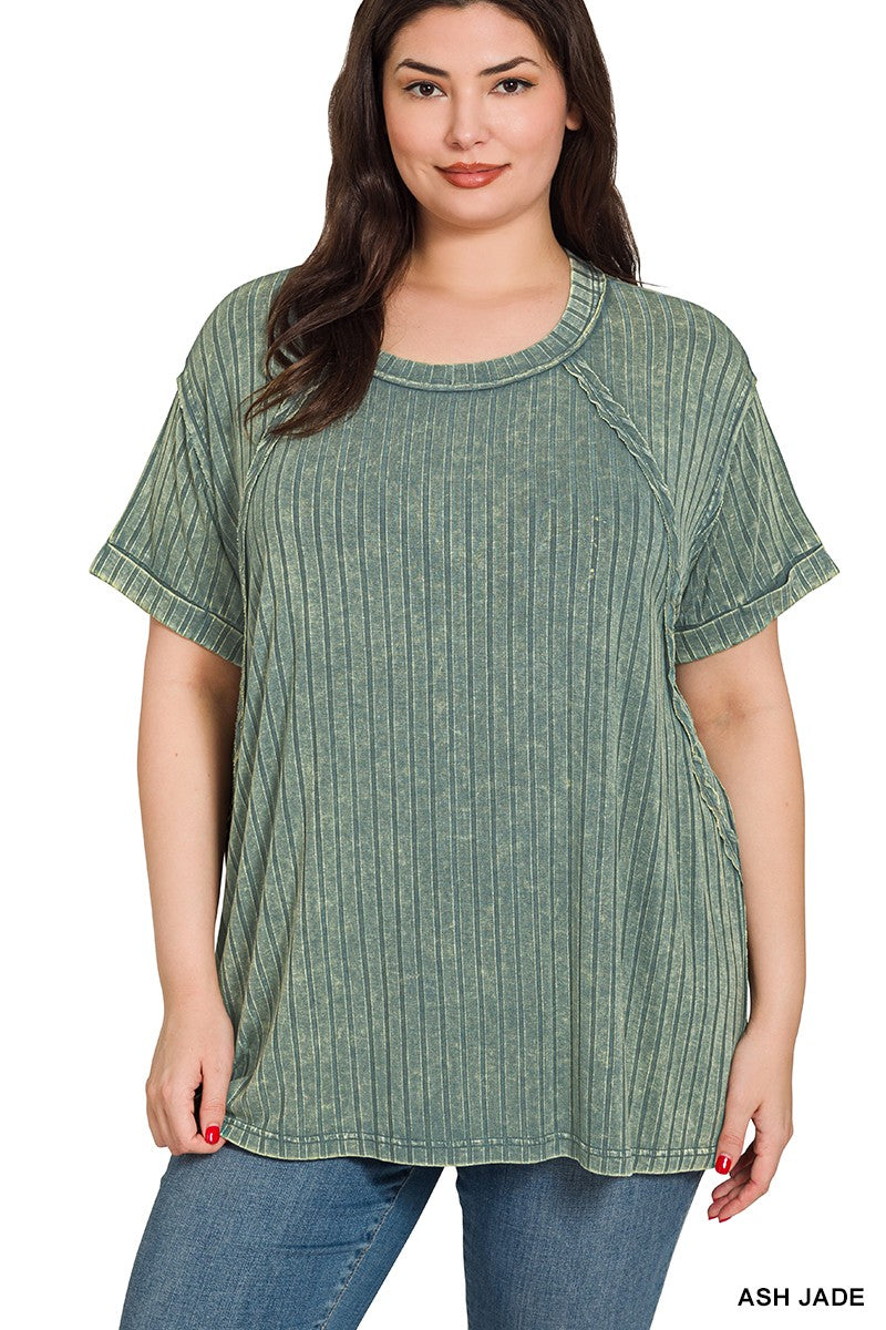 Plus Acid Washed Ribbed Short Sleeve Boat-neck Top  Ash Jade