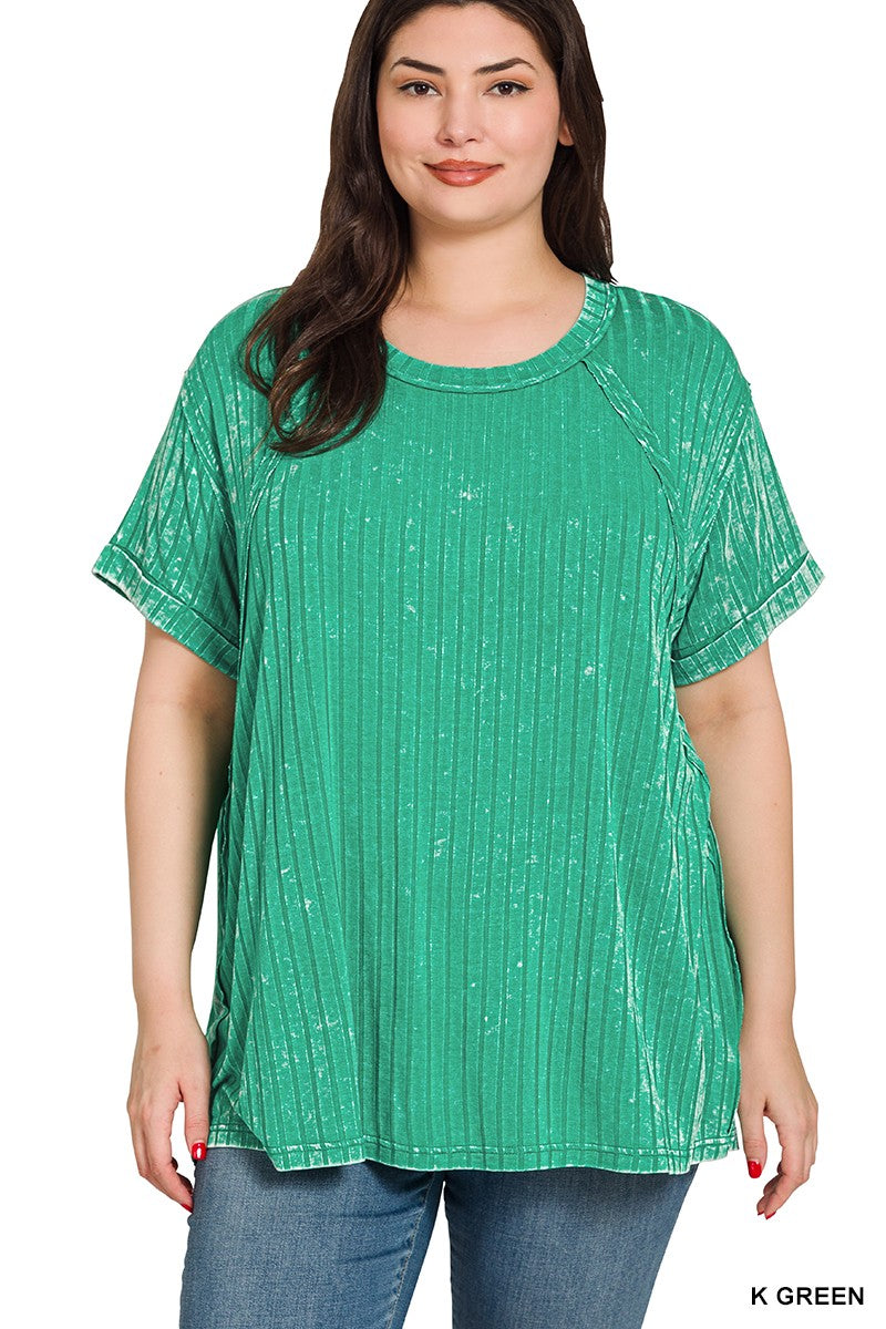 Plus Acid Washed Ribbed Short Sleeve Boat-neck Top   K Green