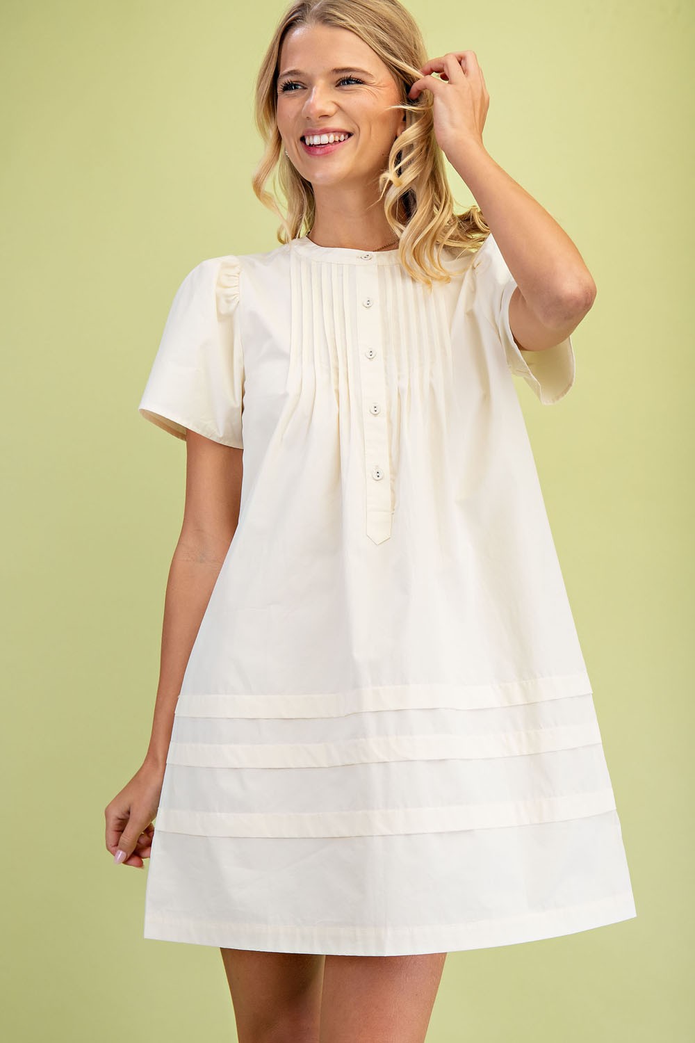 Pleated Poplin Puff Sleeve Mini Dress  Cream