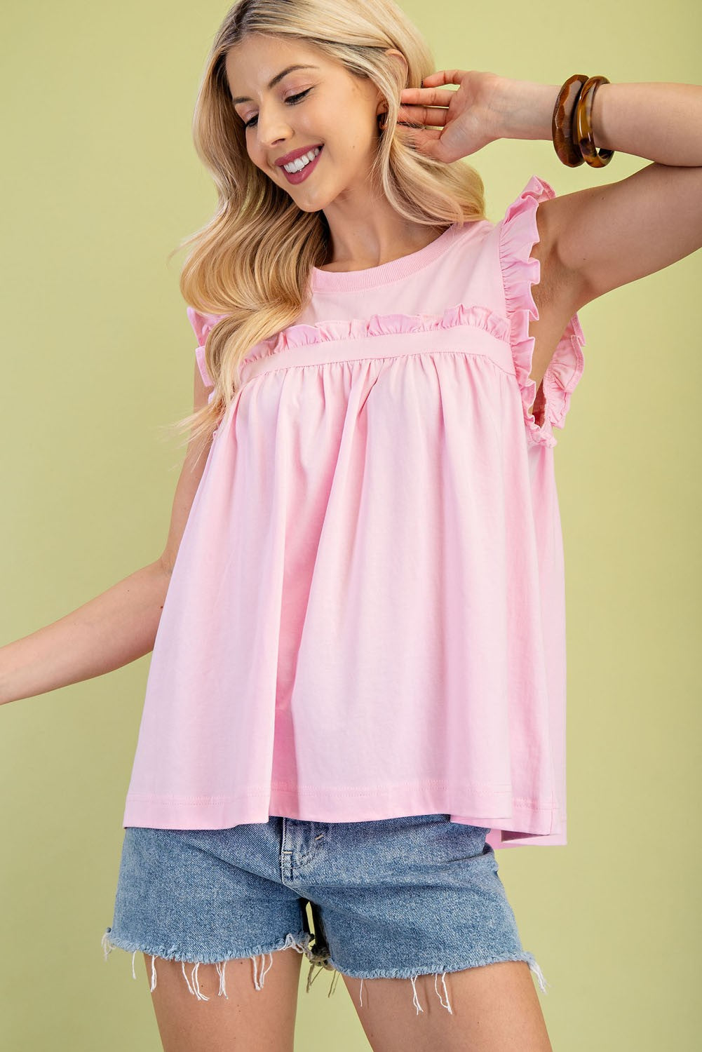 Sleeveless Jersey Top with Ruffle Details  Pink