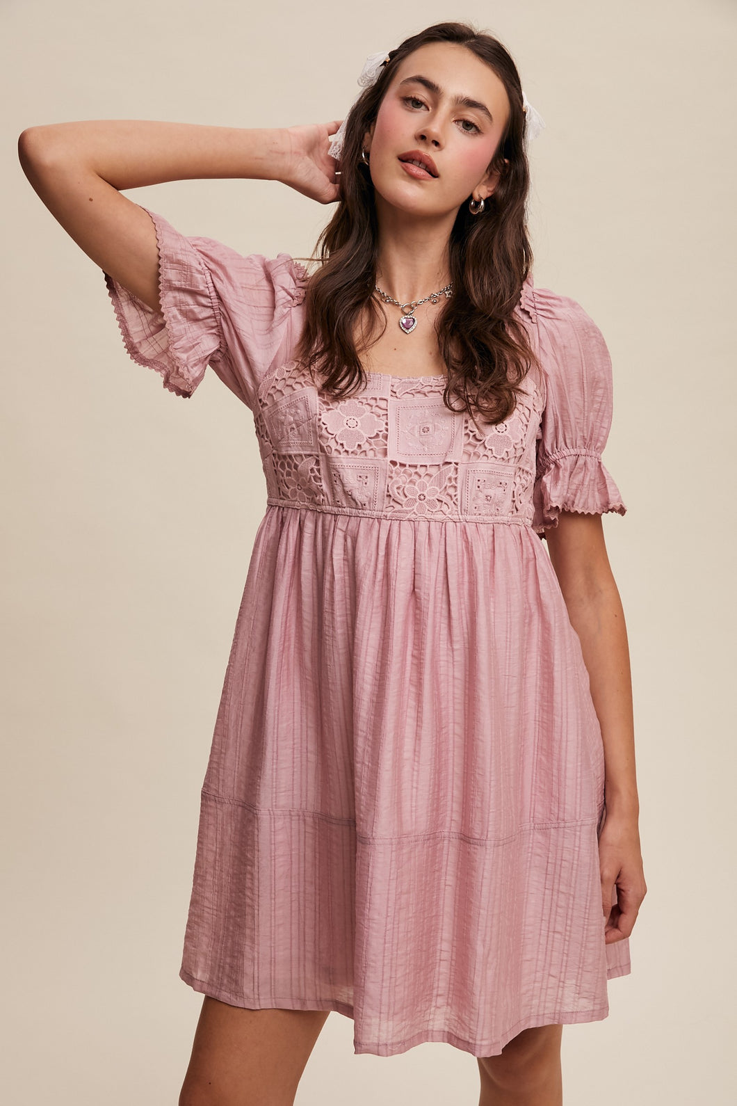 Romantic Lace Babydoll Dress  Rose Pink